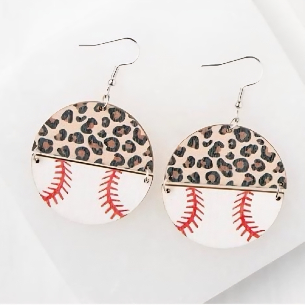 Plunder Leopard & White Baseball Stitch Round Dangle Earrings